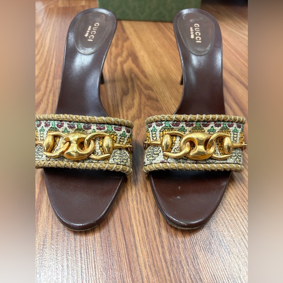 Gucci Brown Woven Jute Horsebit Heels Gold Chain Link Women’s Size 8.5B - Picture 3 of 11